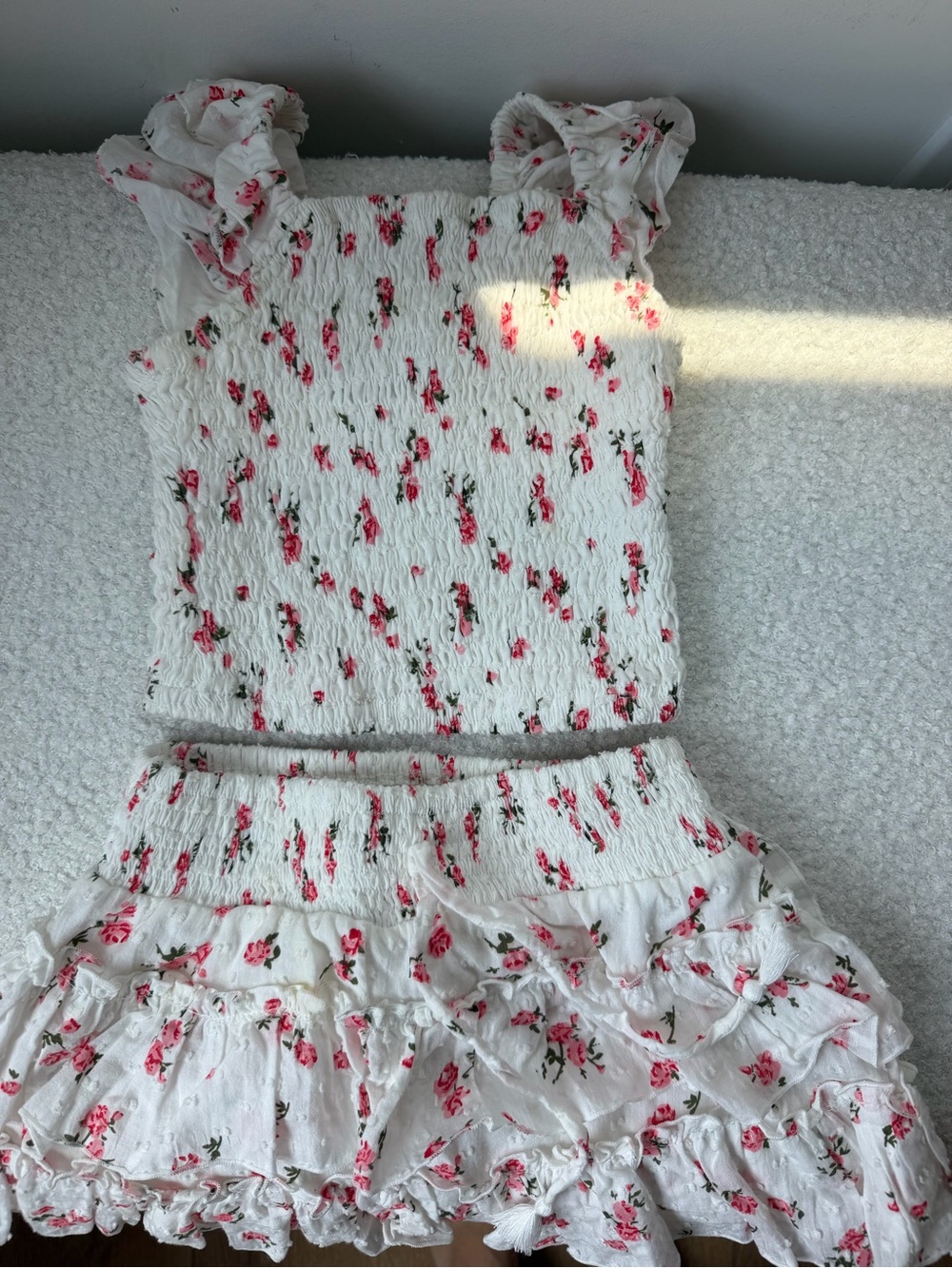 FBZ White Floral Smocked Two-Piece Crop Top + Skirt Set